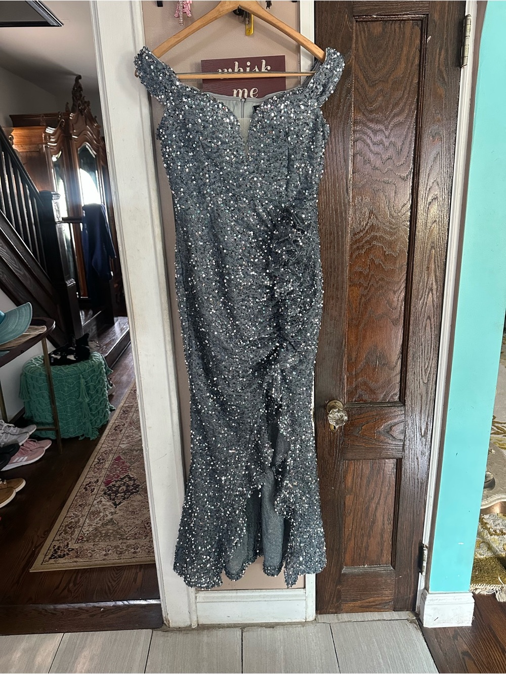 Silver Sequin Off-Shoulder Rushed Maxi Dress